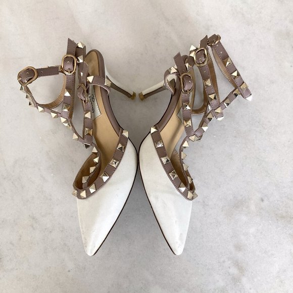 Valentino Garavani Rockstud caged pump ankle strap high heel leather shoes white - Picture 10 of 16